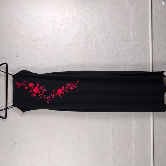 Arianna by Rachel Kaye Black Pink Embroidered Spaghetti Strap Floor Length Gown - Picture 8 of 16